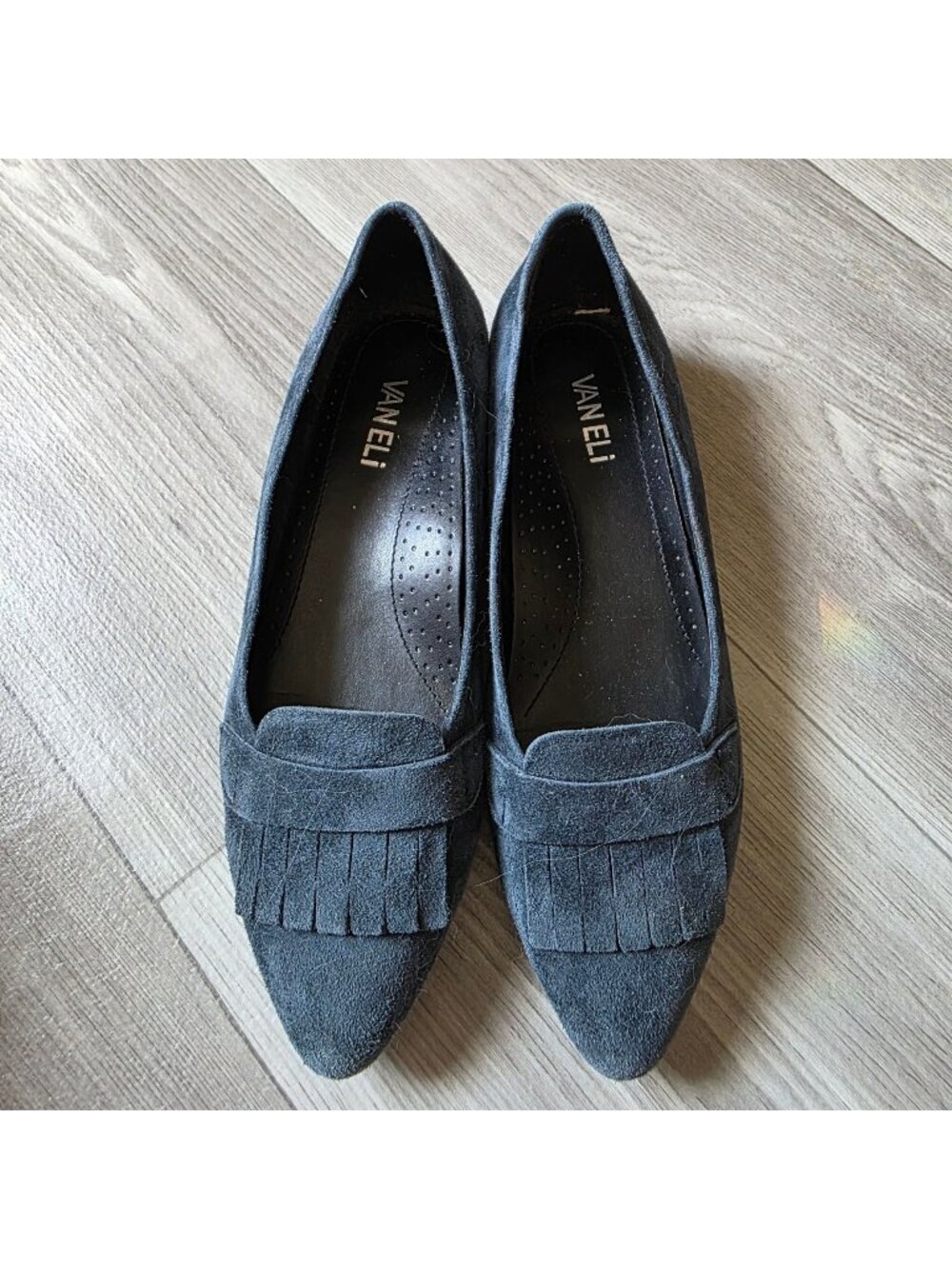 Vaneli Blue Suede Fringe Loafers Size 8 Slip-On Flats